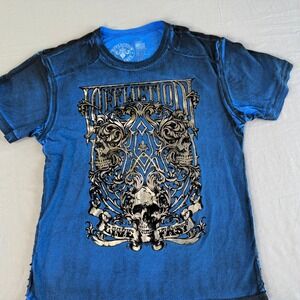 Affliction Live Fast Graphic T-Shirt Mens Large Blue Skull‎ Short Sleeve